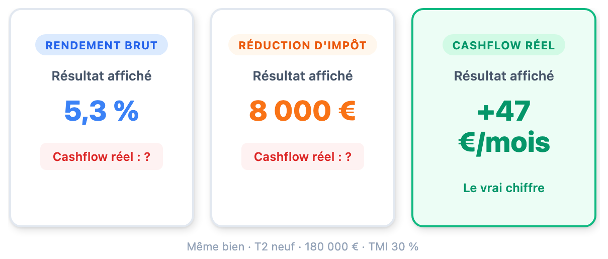 Comparaison des 3 types de simulateurs : rendement brut, réduction d'impôt et cashflow réel
